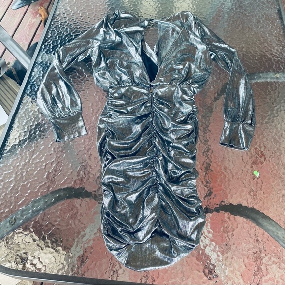 Nasty Gal Silver Metallic Stretchy Tight Ruched Taylor Swift New Years Mcbling - Picture 7 of 12